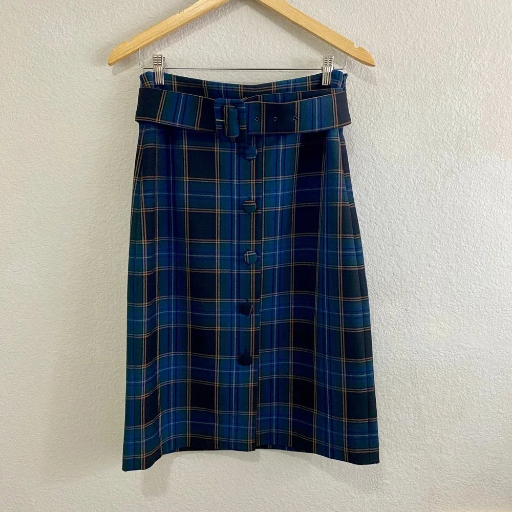 Anthropologie Maeve Plaid Belted‎ Button Front Skirt Sz 8 Blue Green Tartan Midi